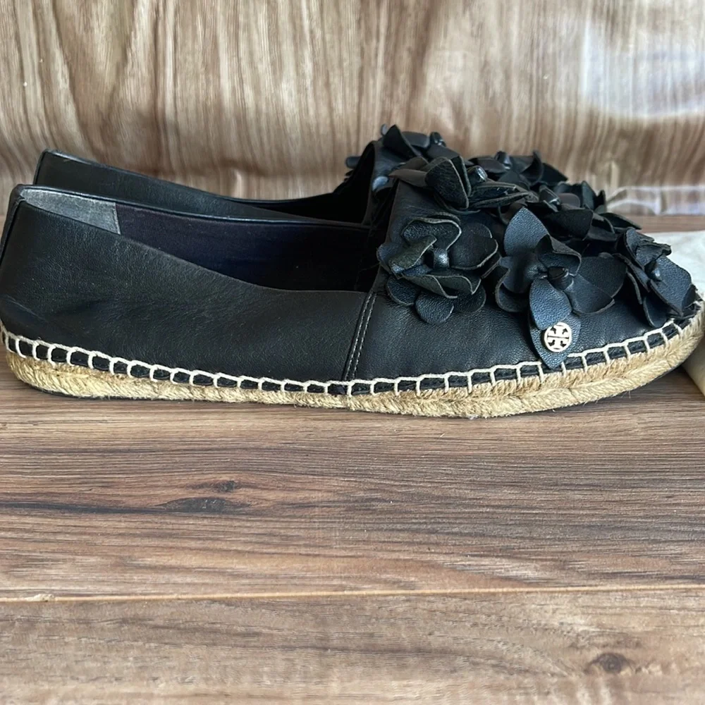 Tory Burch Blossom Leather Espadrille Black Flower Slip On Shoe Women’s Size 10